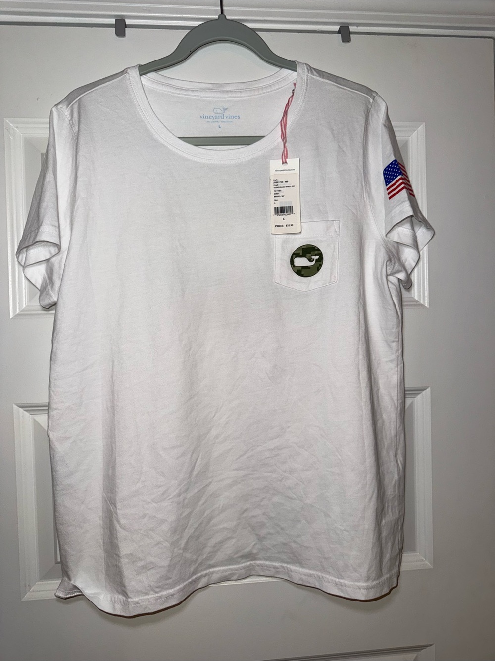 Vineyard Vines White Short-Sleeve Pocket Tee with Camo Whale Patch